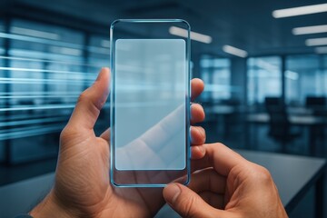 Human hands holding a cutting edge transparent smartphone with a blank holographic display.