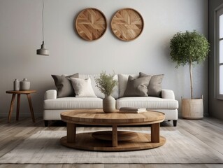 White sofa with fringed pillows and knitted blanket. Boho home interior design of modern living room
