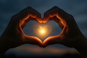 Adult hands forming a heart shape with fingers, holding a shimmering golden light at dusk