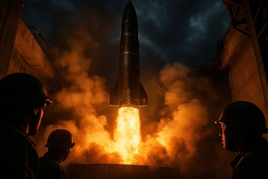 Powerful intercontinental ballistic missile launching with fiery exhaust and military personnel