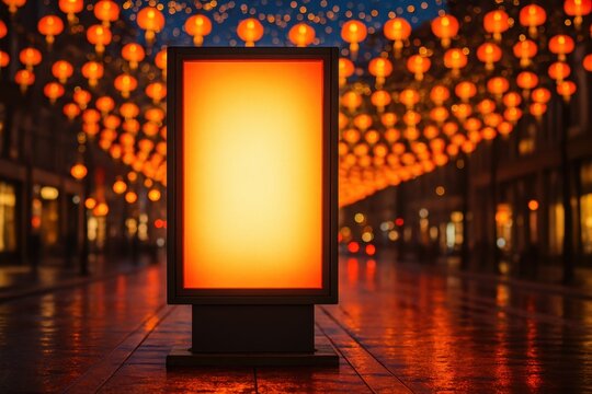 Glowing blank street advertising banner mockup illuminated by vibrant red and gold lights on a city street at night