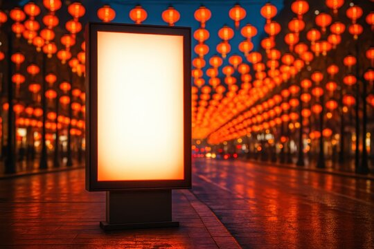 Glowing blank advertising billboard mockup on a wet city street with red chinese lanterns