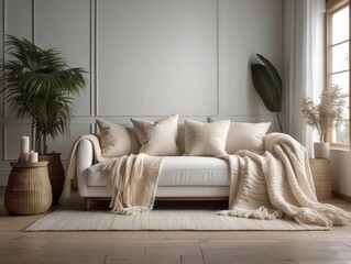 White sofa with fringed pillows and knitted blanket. Boho home interior design of modern living room