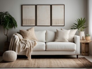 White sofa with fringed pillows and knitted blanket. Boho home interior design of modern living room