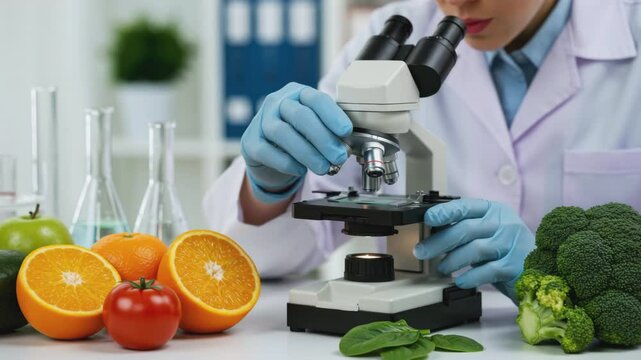 Exploring Food Science A Research Experiment in a Modern Lab with Fresh Produce and Microscope Indoor Setting Close-Up View of Healthy Ingredients