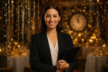 Smiling female event planner in elegant suit ready for a new year eve celebration