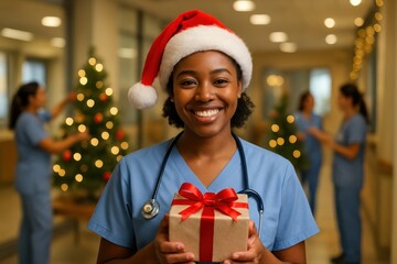Smiling african american nurse in santa hat holding christmas gift in festive hospital hallway