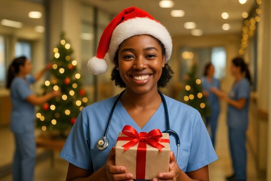 Smiling african american nurse in santa hat holding christmas gift in festive hospital hallway