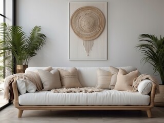 White sofa with fringed pillows and knitted blanket. Boho home interior design of modern living room