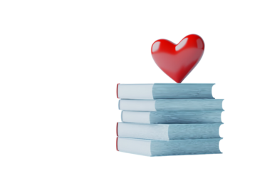 Neatly arranged pile of hardcover books featuring a bright red heart bookmark perfect for romantic and book-themed imagery isolated on transparent background PNG