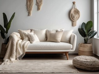 White sofa with fringed pillows and knitted blanket. Boho home interior design of modern living room