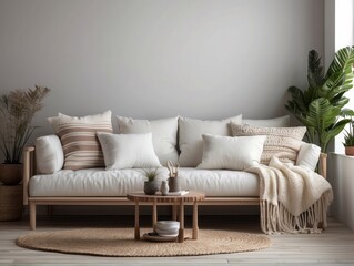 White sofa with fringed pillows and knitted blanket. Boho home interior design of modern living room