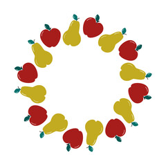 Hand drawn Minimalist Red Apple and Pear Circular Autumn Holidays Frame Border Copy space Template