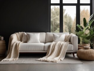 White sofa with fringed pillows and knitted blanket. Boho home interior design of modern living room