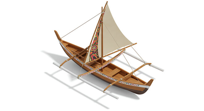 Isometric view of a traditional wooden outrigger canoe with a sail.