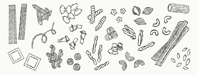 Collection of various pasta shapes in black and white hand-drawn line art style. Vector illustration.