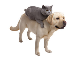 Obraz premium Gray cat lying on back of yellow Labrador retriever, both animals isolated on transparency background, showing playful and friendly interaction between pet companions