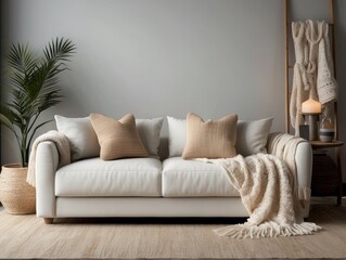 White sofa with fringed pillows and knitted blanket. Boho home interior design of modern living room