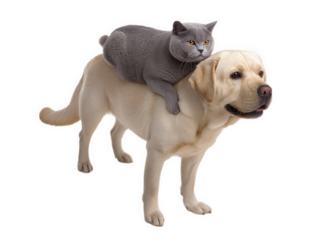 Gray cat lying on back of yellow Labrador retriever, both animals isolated on transparency background, showing playful and friendly interaction between pet companions