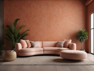 Curved sofa, ottoman and armchair against coral wall with copy space. Japanese style home interior