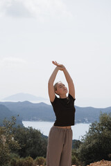 Mindful Woman Embracing Nature, Mountain Retreat, Digital Detox, Spiritual Awakening, Gen Z...
