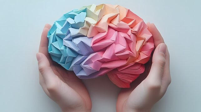 Cupped hands cradling a stylized paper brain in pastel colors