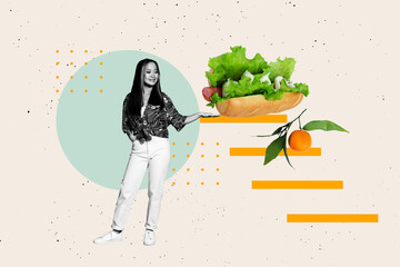 Trend artwork template design 3D collage sketch of dinner cook culinary tasty organic young lady stand hold sandwich fruit dieting