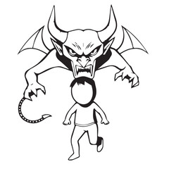 A black and white cartoon illustration of a frightened, faceless person running from a horned, winged demon.