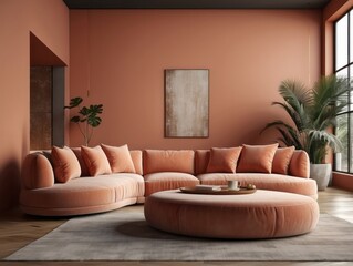 Curved sofa, ottoman and armchair against coral wall with copy space. Japanese style home interior