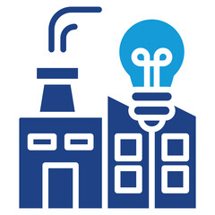 Icon depicting energy such as the development of energy-efficient technologies, innovation, or utilities, particularly in the context of buildings or industry.
