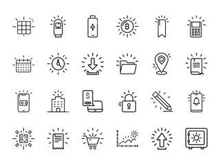 Set of Glowing Line Silhouette Business and E-commerce Icons on White Background – Including Wallet, Graph, Calendar, Bitcoin, Cart, Lock, and More for UI, Apps, and Web Design