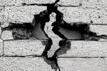A grayscale close-up of a cracked brick wall, revealing a dark, gaping hole