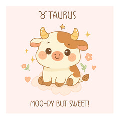 Taurus zodiac poster with cartoon cow and fun text