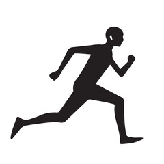 A black silhouette of a person running with arms bent and legs striding, on a plain white background.