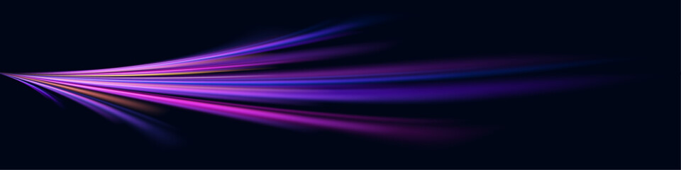 Panoramic high-speed technology concept with abstract light trails and glowing neon colors in blue, yellow, and orange, representing the rapid motion and energy in a futuristic environment.