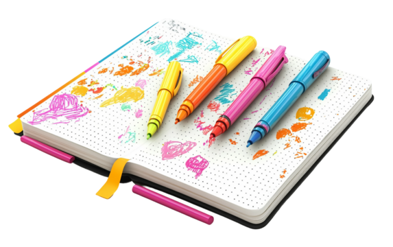 Open notebook filled with playful doodles and colorful markers capturing creative expression and spontaneous imagination isolated on transparent background PNG