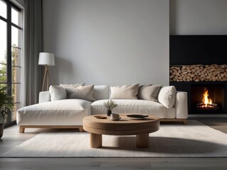 White sofa with blanket and wooden coffee table against fireplace with firewood stack
