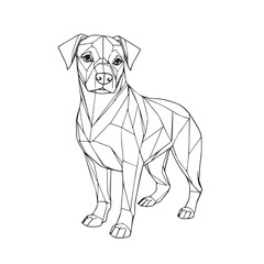 A black and white polygonal line art illustration of a dog standing, with abstract geometric facets defining its form.