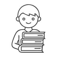 A young boy happily holding three stacked books, showcasing enthusiasm for reading and learning.