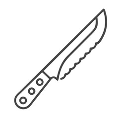 A detailed illustration of a serrated kitchen knife with a wooden handle.