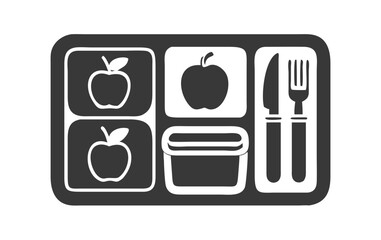 A stylized illustration of a food tray featuring multiple apple compartments, a dip container, knife, and fork.