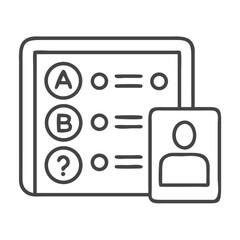 An outline of a survey with multiple-choice options alongside a user profile icon.