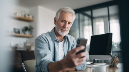 Senior man using smartphone modern office casual attire focused expression technology communication indoor setting desk computer lifestyle elderly relaxed home office digital device reading