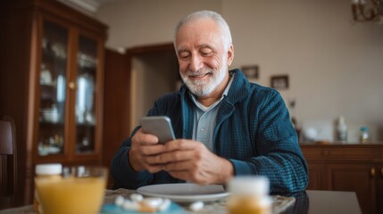 Senior man using mobile app to track his medication while enjoying breakfast at home. He appears content and engaged with his device, showcasing integration of technology in daily life