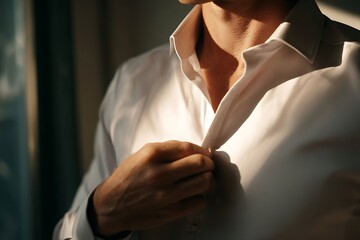 A man fastens the top button of his crisp white dress shirt bathed in soft dappled sunlight by the window.