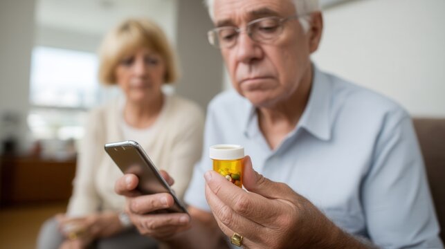 Senior man scanning medication with smartphone while sitting next to woman. scene conveys sense of focus and care in managing health