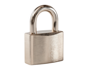 Metal padlock security lock shiny silver isolated on transparency background safety concept protection secure metallic object vertical orientation