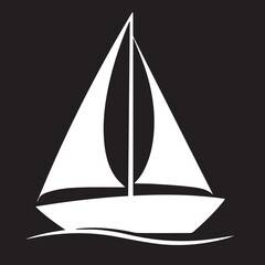 A white silhouette of a sailboat with sails unfurled, gliding on water, set against a black background.