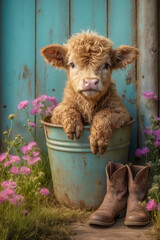 Curly-Haired Calf Sitting in Metal Bucket Beside Teal Barn Door with Wildflowers and Cowboy Boots in Rustic Farmyard