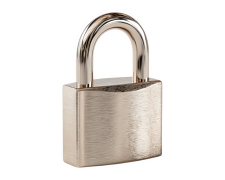 Metal padlock security lock shiny silver isolated on transparency background safety concept protection secure metallic object vertical orientation